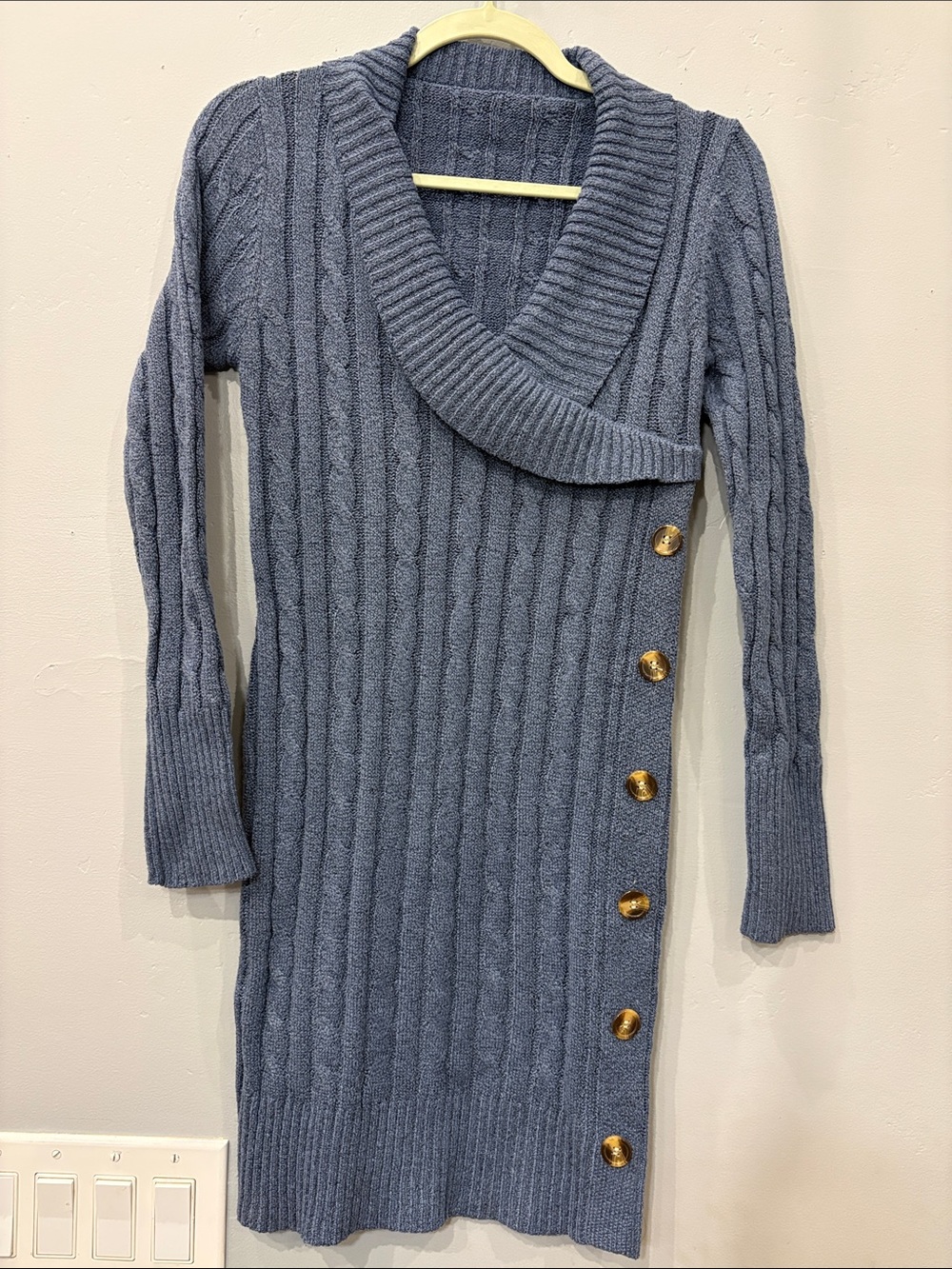 Cable Knit Sweater Dress Gray Shawl Collar Gold Button Midi